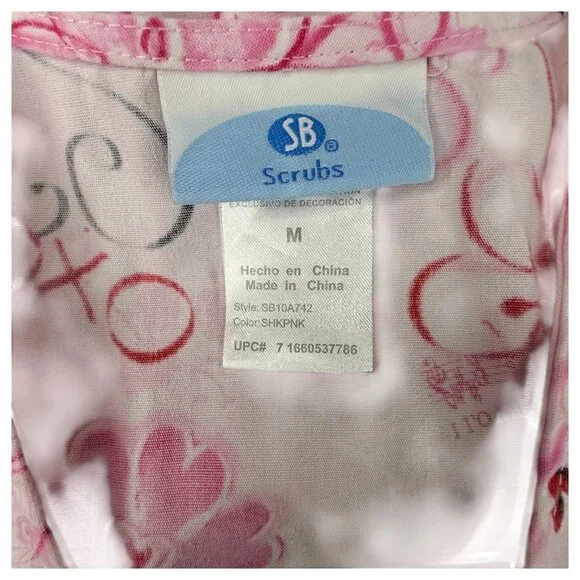 SB Valentines Day Heart Print Scrub Top Womens Size Medium Short Sleeve Pink - Picture 7 of 7